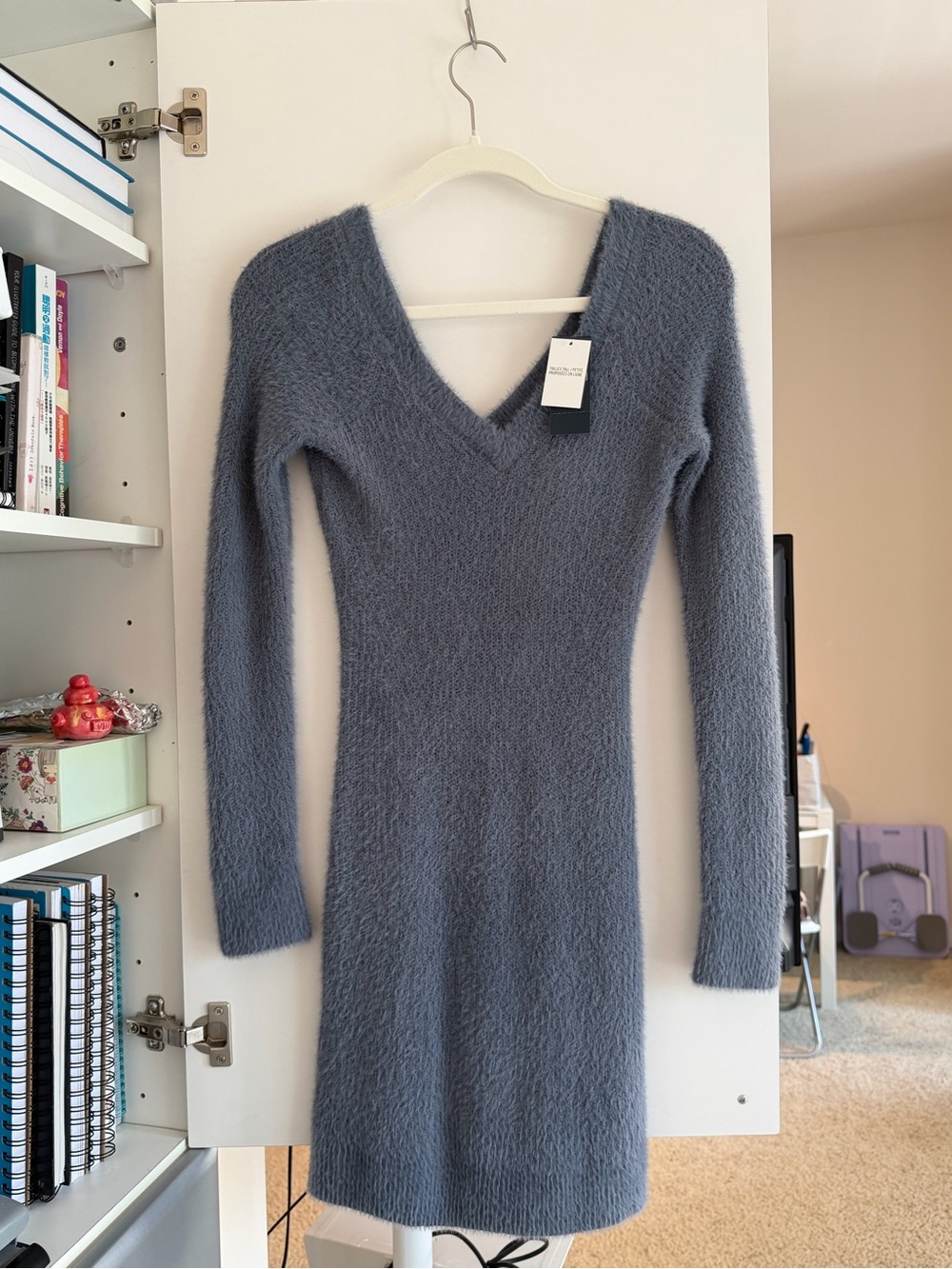 Abercrombie & Fitch Fuzzy V-Neck Long Sleeve Dress in Dusty Blue